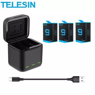Telesin GoPro Hero 9 10 Battery 1750mAh 3ก้อน+Triple Charger Box Kit For Gopro 9 พร้อมที่ใส่เมมโมรี่ ยี่ห้อ Telesin GoPr