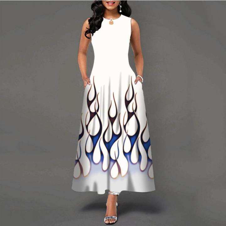 ฤดูร้อนลำลองแขนกุดพิมพ์-fish-beach-รูปแบบ-maxi-dress-a-line-boho-pocket-vintage-หลวม-plus-size-dresses
