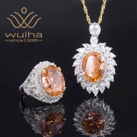 【lz】◇  Wuiha luxo 925 prata esterlina 12x16mm padparadscha corindo anel/pingente/colar aniversário conjunto de jóias finas transporte da gota