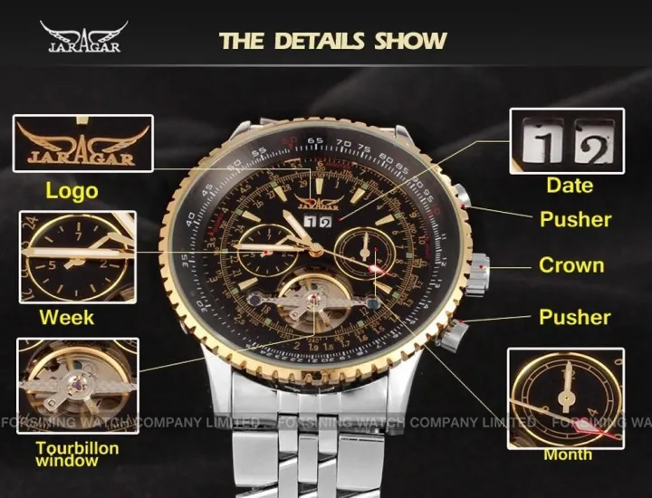 นาฬิกาข้อมือ-jaragar-ที่หรูหราชายวัน-เดือนนาฬิกาข้อมือนาฬิกาสำหรับผู้ชายนาฬิกาเครื่องกลไกทูร์บิญอง-stell-สีดำทอง