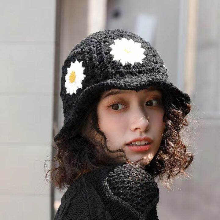 fashionable-pot-hat-sun-protection-bucket-hat-flower-embellished-hat-handmade-beach-hat-knitted-bucket-hat