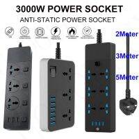 URVNS 3000W Power Strip Surge Protector ปลั๊กซ็อกเก็ตสากลพร้อมเต้าเสียบ USB 3/6,สายต่อ2/3/5เมตรสถานีชาร์จ