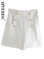 KPYTOMOA Women Chic Fashion With Buttons Pockets Bermuda Shorts Vintage High Waist Side Zipper Female Short Ropa Mujer