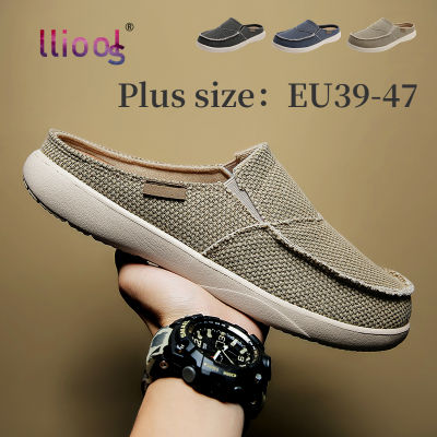 LLIOOLS รองเท้าผ้าสบายๆลื่นบนรองเท้าผ้าใบขี้เกียจลื่นบนรองเท้าขนาดบวก: EU39-47 EU46ความสะดวกสบายในชีวิตประจำวันรองเท้าแตะผู้ชายปักกิ่งรองเท้าผ้า Heelless ยีนส์ระบายอากาศรองเท้าแตะ