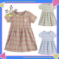 【จัดส่งที่รวดเร็ว✨】Girls Short Sleeves Dress Summer Cute Plaid Printing Princess Dress For 2-6 Years Old Kids