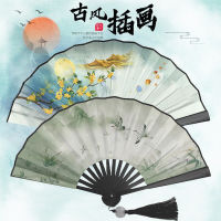 Chinese style 8-inch plastic fan with tassel pendant, ancient style domineering folding fan, mens Hanfu dance silk cloth fan  9JFD