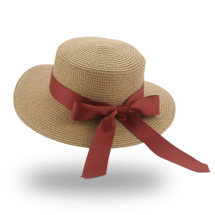 hot-summer-womens-french-flat-top-raffia-straw-hat-bow-umbrella-korean-version-fashion-beach-hat-travel-sun-hat-straw-hat