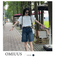 [OMIUUS] Celana Pendek Denim ไตรมาสสีฟ้าสำหรับผู้หญิง,2023ทรงหลวมเอวสูงกางเกงขาตรงทรงเอไลน์