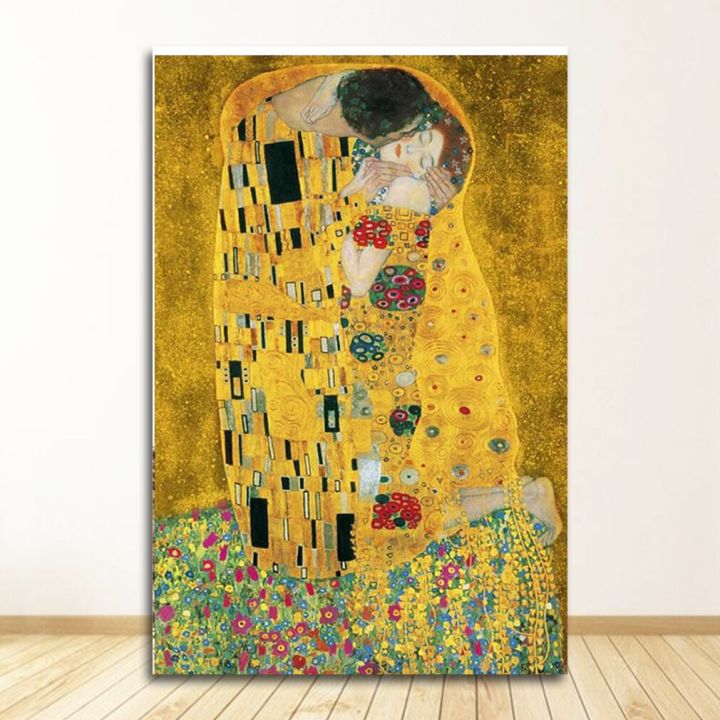 ภาพพิมพ์บนผืนผ้าใบภาพวาดการทำสำเนา-gustav-klimt-kiss-บนกำแพงสำหรับห้องนั่งเล่นภาพเหมือนของอเดลโบลช์ภาพวาดผ้าใบเฮหยวนในอนาคต