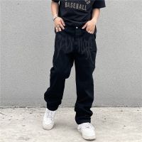 Y2K Emo Mens Fashion Black Streetwear Embroidered Low Rise Baggy Jeans Trousers Straight Hip Hop Alt Denim Pants Male Clothes