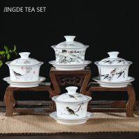 Jingdezhen เซรามิก Gaiwan ทำเองได้ที่บ้านถ้วยชาบูติกพร้อมฝาปิดถ้วยชาพิธีชงชาอุปกรณ์เสริมถ้วยชาส่วนตัว