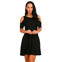 【YF】 Women Summer Cold Shoulder Round Neck Loose Fit A-Line Mini Dress