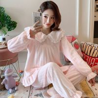 [COD] and winter flannel pajamas womens thickened plus velvet home service spring autumn girl princess coral fleece warm suit