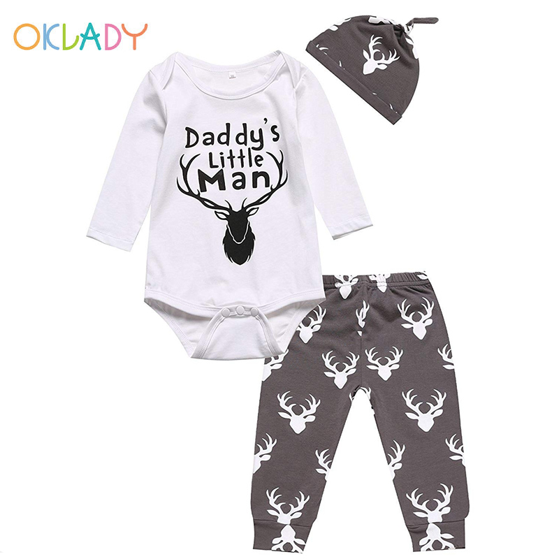 Baby Boys Daddys Little Man Long Sleeve Bodysuit and Deer Pants Outfit with Hat