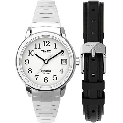 Timex Womens Easy Reader 25mm Watch Box Set – Silver-Tone Case White Dial with Tapered Expansion Band + Black Leather Strap