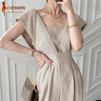 CHENWEN Korean Ladies Elegant Jumpsuits 2023 Summer Square Neck Flying Sleeve OL Fashion High Waist Black Loose Jumper Casual