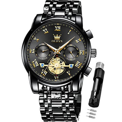 OLEVS Mens Watches Chronograph Business Dress Quartz Stainless Steel Waterproof Luminous Date Wrist Watch all balck wrist watch