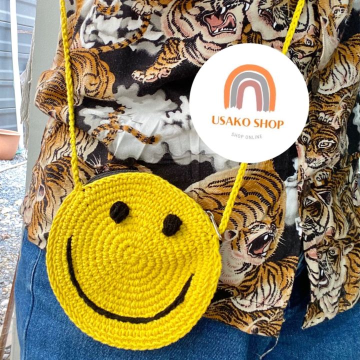 กระเป๋าถักหน้ายิ้ม-กระเป๋าถักไหมพรม-งานถักมือ-หน้ายิ้ม-smiley-crochet-bag-มีพร้อมส่ง