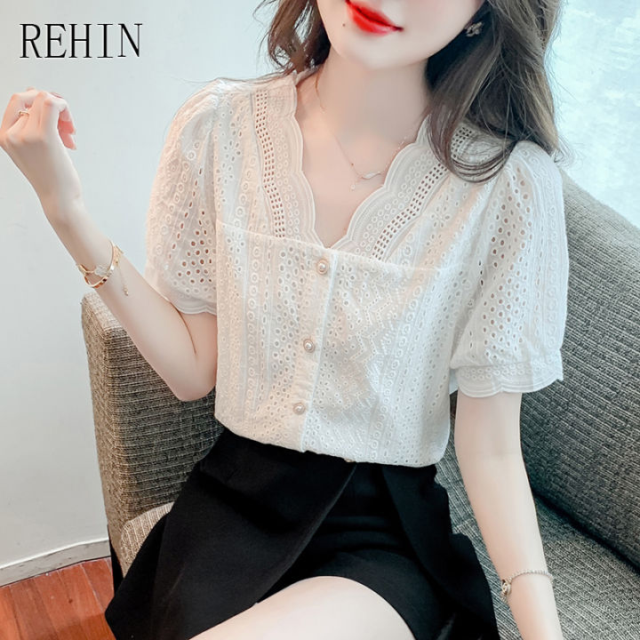 rehin-ผู้หญิงฤดูร้อนใหม่เกาหลีแขนสั้นเสื้อลูกไม้-v-คอ-hollowed-out-simple-slim-fit-เสื้อ