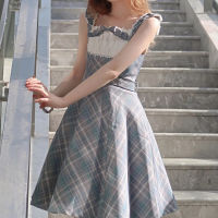 HOUZHOU Plaid Lolita Dress Women Kawaii Maid Dresses Summer Blue Bow Lace Patchwork Muslin Mesh Puff Sleeve Sundress Streetwear