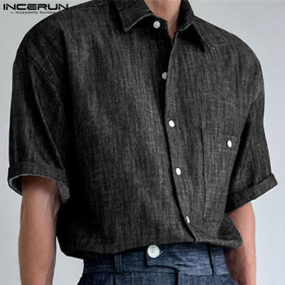 INCERUN เสื้อแขนสั้นผู้ชายกางเกงยีนส์วินเทจดูยีนส์เสื้อลำลองปุ่มลง Tee เสื้อ (สไตล์เกาหลี)