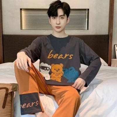 MUJI High quality mens long-sleeved cotton pajamas spring autumn and winter mens youth students casual cotton home clothes set winter