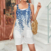 ผู้หญิงพิมพ์ลายดอกไม้ปรับสั้น Jumpsuits กับกระเป๋าแฟชั่น O-คอแขนกุด Comfy Summer Beach Jumpsuits