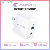 RAVPower หัวชาร์จ PD 65W อะแดปเตอร์พอร์ตชาร์จติดผนังคู่พร้อมปลั๊กพับได้