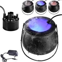 Halloween Witch Cauldron with Mist Maker Witch Jar Atomizer Lamp Punch Bowl with 12 LED Light Color Change Fogger Mist Decor