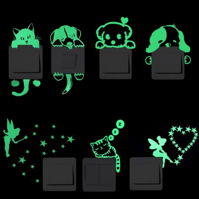 ﺴ Cartoon Luminous Switch Sticker Glow in the Dark Wall Stickers Home Decor Kids Room Decoration Sticker Decal Cat Fairy Moon Star