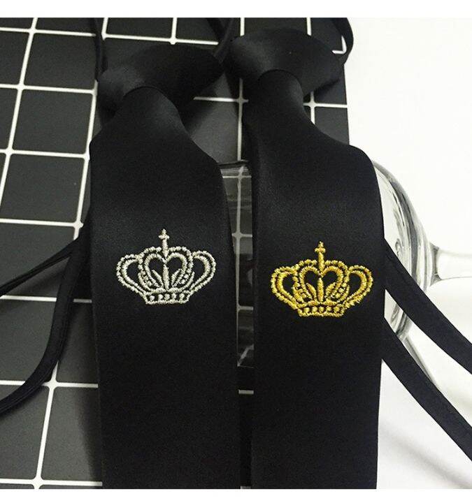 fashion-men-39-s-skinky-tie-gold-silver-crown-embroidery-slim-black-5cm-lazy-zip-party-necktie-casual-wedding-tie-mens-gifts