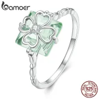 Bamoer 925เงินสเตอร์ลิงสีเขียว Four-Leaf Clover แหวนใส่นิ้วผู้หญิงละเอียดอ่อนแหวน Platinum Plated เครื่องประดับ BSR339