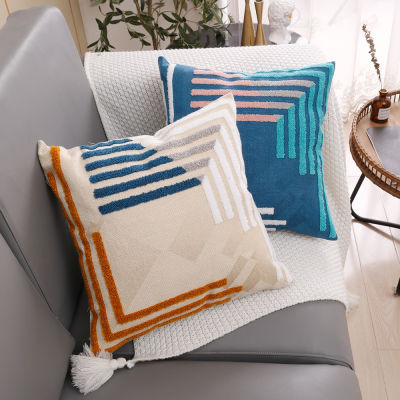 Blue Beige Geometric Composite Color Embroidered Cotton Pillowcase 45x45cm Decorative Pillows for Sofa Throw Pillows