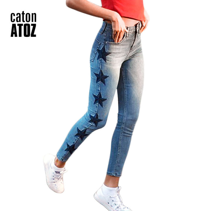 2021catonATOZ 2142 Mom Jeans New Womans Vintage Star Embroidery Jeans Stretch Denim Pants Female Skinny Trousers For Women