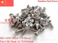 【✲High Quality✲】 wangqiang1 สกรูสแตนเลส M3x8ตัวขับ T10 Torx Iso 14581หัว Csk แบบแบน A2-70 Rohs ขัดเงา100ชิ้น