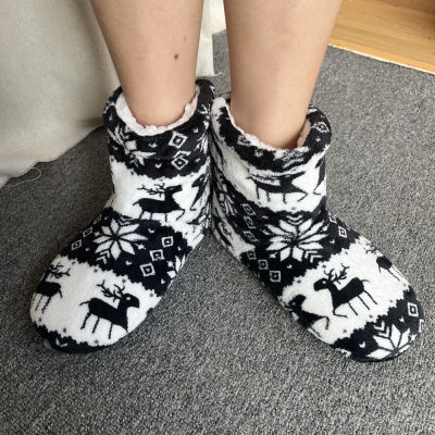 Womans Slippers Winter Floor Shoes Slippers Christmas Elk Fur Contton Plush Insole Anti-Skid Grip Sole Indoor Shoes House Casual
