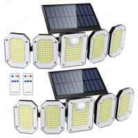 geegostudio 1/2pcs 300 LED Solar Lights Outdoor With Motion Sensor, Security Lights With Remote Control 5 Rotatable Heads, 360°Wide Angle Illumination IP65 Waterproof Flood Lights For Garage Yard Garden