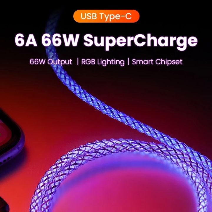 สายชาร์จเร็วไฟ-rgb-แบบไล่ระดับสีสว่างสายดาต้า6a-สายชาร์จ-type-c-66w-สำหรับไอโฟนหัวเหว่ยซัมซุง-usb-c-สายดาต้า