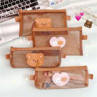 Cute Bear Transparent Mesh Pencil Case Ins Portable Toiletry Makeup Pencil Bag Stationery Gift School Pencil Box Crafts Supplies Pencil Cases Boxes