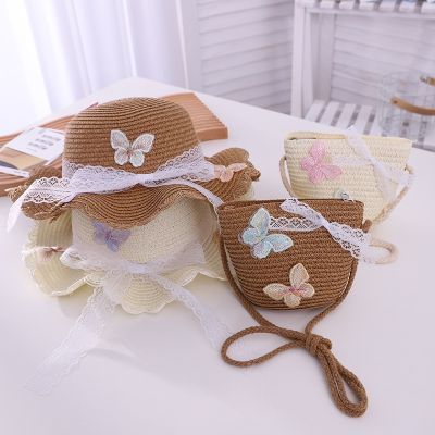 【CC】 New summer children casual butterfly straw hat  handbags Kid girls Outdoor holiday bags hat