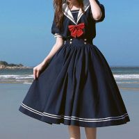 Harajuku Sailor Collar Navy Dress Women Retro Kawaii Preppy Style Short Sleeve Vestidos Lolita Sweet with Bow-knot