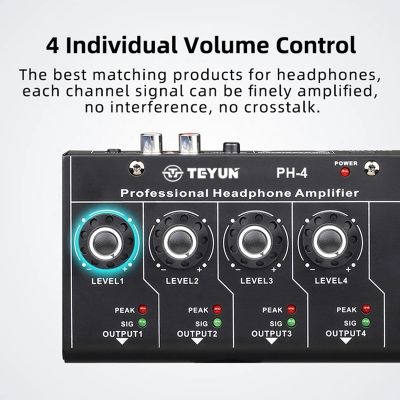 TEYUN PH-4 8-Way Headphone Amplifier 4X6.35Mm+4X3.5Mm TRS 4-Channel Computer Audio Mixer Headphone Splitter