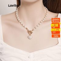 hunshipengshengshangmao Lovito สร้อยคอลายหัวใจ ไข่มุก ลำลอง สำหรับสตรี L46AD003 (สีทอง)