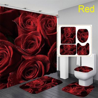 Red Big Heart Shower Curtain Set Bathroom Curtain with Hooks Soft Mat Set Carpet Rugs Romantic Valentines Day Home Decor