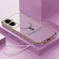 เคสสำหรับ Honor โทรศัพท์90 5G 90 Lite 5G ฟรีสายคล้องการ์ตูน ELK Deer ที่ใช้ตกแต่งภายนอกเรนเดียร์ขอบสี่เหลี่ยมเคสโทรศัพท์ชุบหรูหราเคสโทรศัพท์นิ่ม