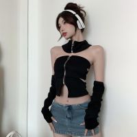 Hollow Zipper ถัก Crop Top แขน High Street เซ็กซี่ Backless ไม่สม่ำเสมอสีทึบ Camisole ผู้หญิง New