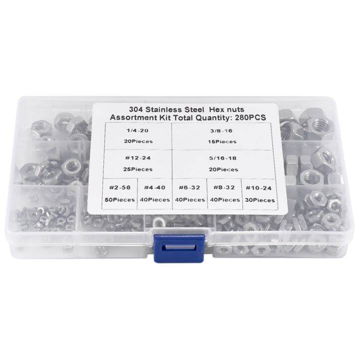 stainless-steel-nuts-2-56-to-3-8inch-16-unc-hex-nuts-assortment-kit-for-screws-bolts-280pcs