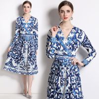 Women Dress Spot Real  Elegant Long Sleeve  Vintage Printed Midi Dress