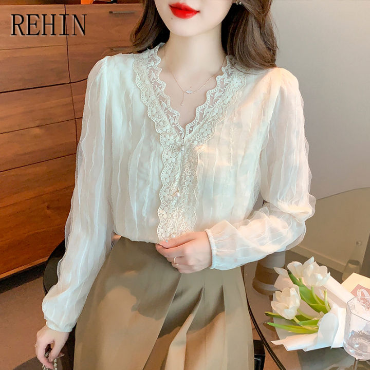 rehin-เสื้อสไตล์เกาหลีแบบใหม่คอวีของผู้หญิง-เสื้อแขนยาวผ้าชีฟองลูกไม้หรูหราดีไซน์เฉพาะฤดูใบไม้ผลิ