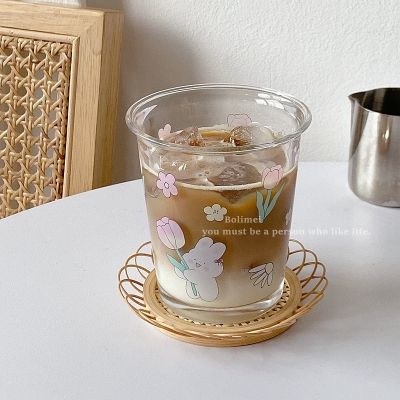 【High-end cups】 น่ารักการ์ตูนดอกทิวลิปกระต่ายถ้วยแก้วชงเย็นถ้วยกาแฟ Girly หัวใจถ้วยน้ำแก้ว Drinkware อาหารเช้าถ้วยนมเบียร์แก้ว